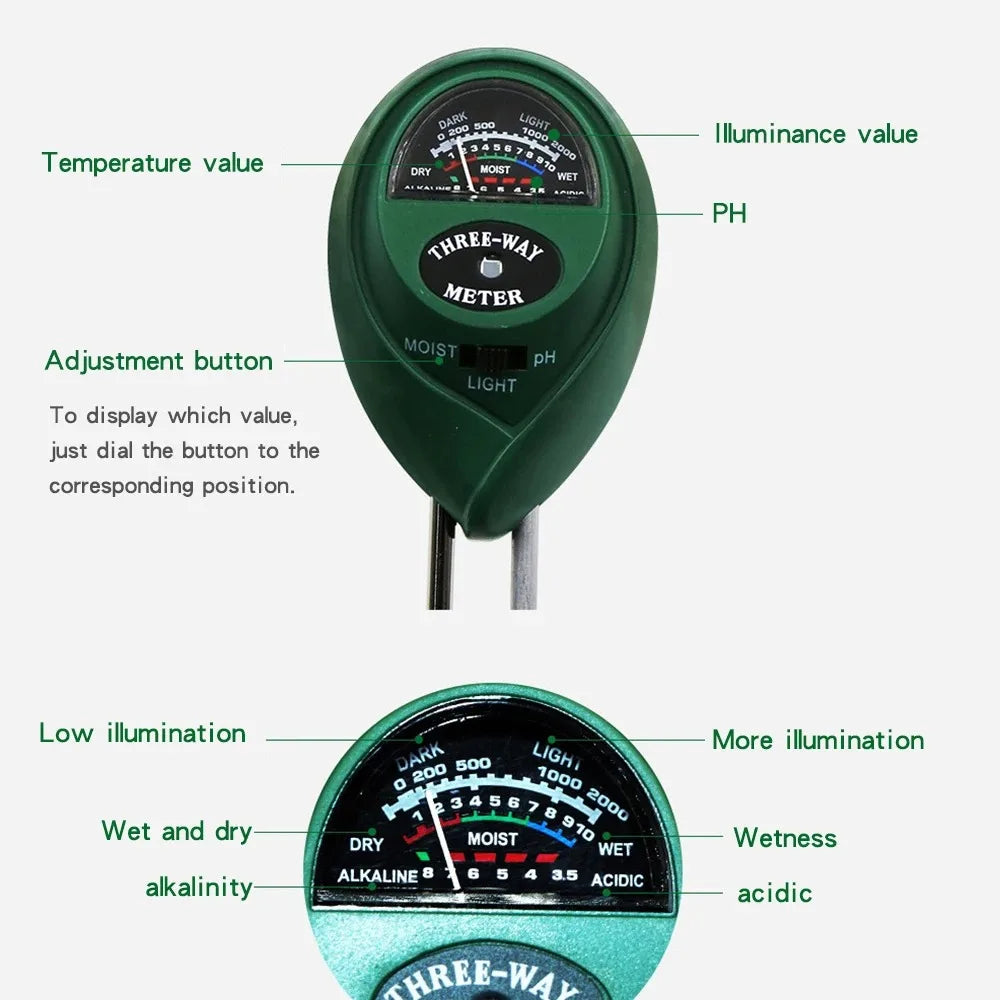 3 in 1 Soil PH Meter Sunlight PH Tester Garden Flowers Soil Moisture Sensor Meter Plants Acidity Humidity PH Monitor Detector