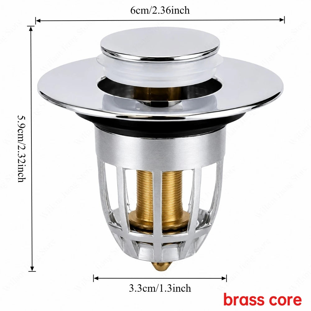 Universal Push Rebound Basin Stopper Chrome Pop up Drain Plug with Hair Catcher Filter for Home Bathroom Replacement