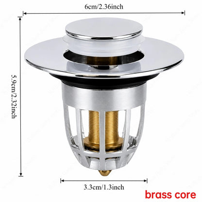 Universal Push Rebound Basin Stopper Chrome Pop up Drain Plug with Hair Catcher Filter for Home Bathroom Replacement