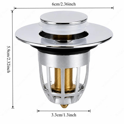 Universal Push Rebound Basin Stopper Chrome Pop up Drain Plug with Hair Catcher Filter for Home Bathroom Replacement