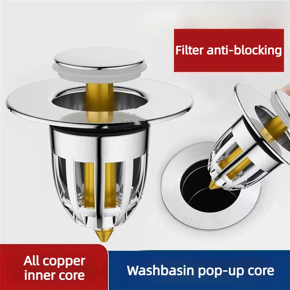 Universal Push Rebound Basin Stopper Chrome Pop up Drain Plug with Hair Catcher Filter for Home Bathroom Replacement
