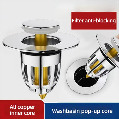 Universal Push Rebound Basin Stopper Chrome Pop up Drain Plug with Hair Catcher Filter for Home Bathroom Replacement