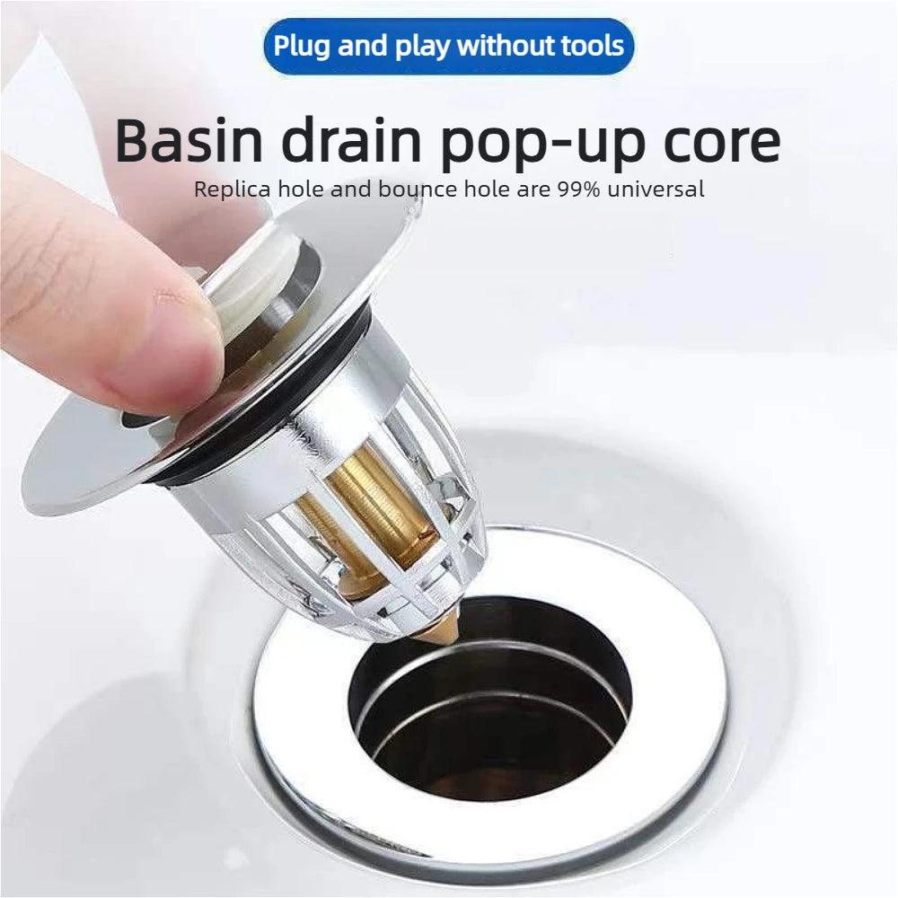 Universal Push Rebound Basin Stopper Chrome Pop up Drain Plug with Hair Catcher Filter for Home Bathroom Replacement