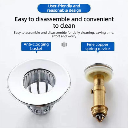 Universal Push Rebound Basin Stopper Chrome Pop up Drain Plug with Hair Catcher Filter for Home Bathroom Replacement