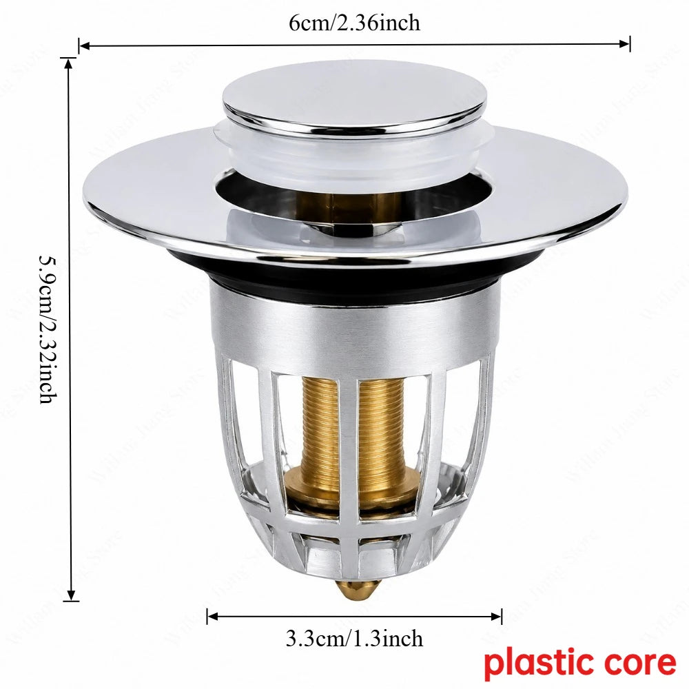 Universal Push Rebound Basin Stopper Chrome Pop up Drain Plug with Hair Catcher Filter for Home Bathroom Replacement