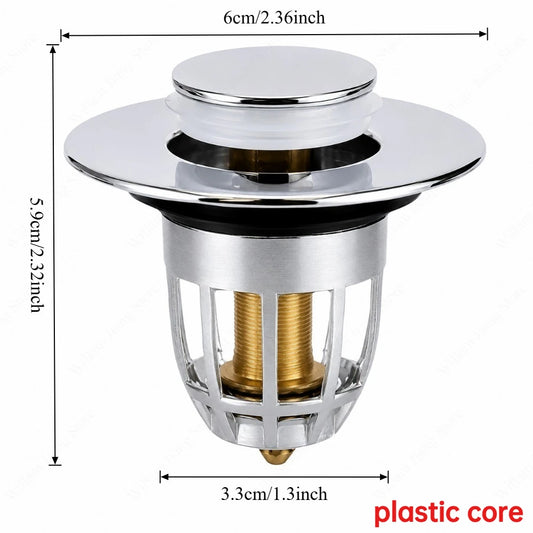 Universal Push Rebound Basin Stopper Chrome Pop up Drain Plug with Hair Catcher Filter for Home Bathroom Replacement