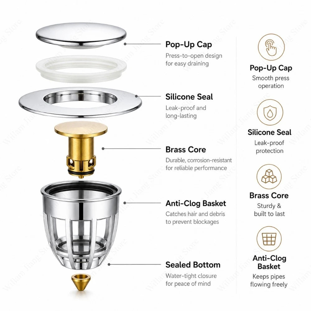 Universal Push Rebound Basin Stopper Chrome Pop up Drain Plug with Hair Catcher Filter for Home Bathroom Replacement