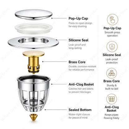 Universal Push Rebound Basin Stopper Chrome Pop up Drain Plug with Hair Catcher Filter for Home Bathroom Replacement
