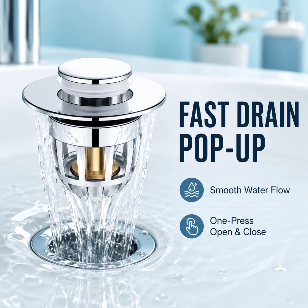 Universal Push Rebound Basin Stopper Chrome Pop up Drain Plug with Hair Catcher Filter for Home Bathroom Replacement